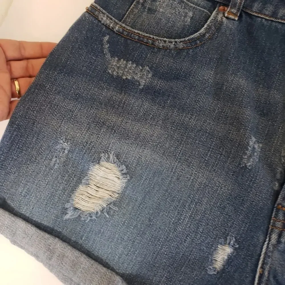 Asos denim jeans shorts distressed high waisted mom rolled hem size 12